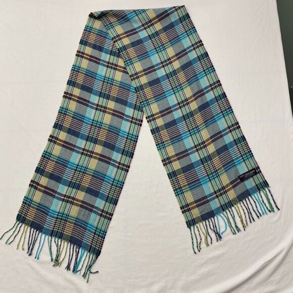 Cashmere Scarf Green Plaid Made in Scotland Fringe Long Lightweight Preppy - Picture 4 of 8